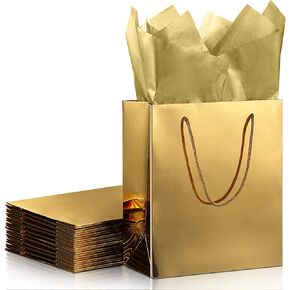 Taobary 12 Pack Fild Gift Fags Bulk 9 × 8 × 4 بوصة الأكياس المعدنية المتوسطة مع مقابض و 12 ورقة ورقة التغليف للأنسجة لعيد الهدايا ، حفل زفاف أعياد ميلاد عيد الحب.