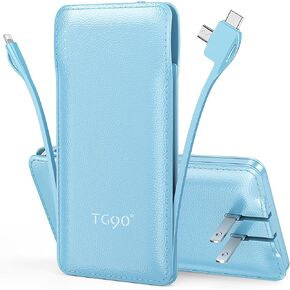 TG90° Portable Charger with Cords 10000mAh Power Bank with Built in Cables Battery Backup Cell Phone External Battery Pack Compatible with iPhone 16 15 14 13 12 Samsung S22 S21 Google iPad etc