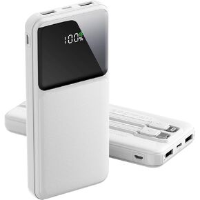 12800mAh Portable Charger with Built in Cables, 22.5W 3A High Speed Charging Travel Essentials, LED Display Slim PowerBank, 4 Outputs 2 Inputs Built-in USB C&Lightning Cables for iPhone iPad Android