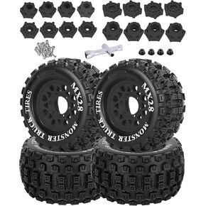RC Wheels and Tires for 1/10 RC Scale Car,Rustler Stampede Hoss,Arrm a Granite Vorteks Big Rock 3S,MX28 2.8" Truck Tires and Wheels w/ 12mm/14mm Hex,4pcs,Green