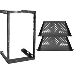 RIVECO 18U 19" Wall Mount Server Rack – 17.7" Deep 2 Post Open Frame Cabinet Firm Constructed Shelf for Internet/Network/AV/Data Home Equipment/Patch Panel Heavy Duty & 14" Rack Shelves 2 PCS