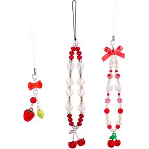 Framendino, 3 Pack Red Cherry Butterfly Phone Charm Strap Cute Beaded Lanyard Wrist for Bag Camera Keychain