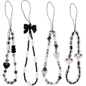 Framendino, 4 Pack Bow Beaded Phone Charm Wrist Strap Keychain Bracelet for Bag Camera Pendants Decor Black