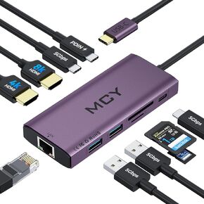 MCY USB C HUB ، محطة إرساء الكمبيوتر المحمول مراقبة مزدوجة شاشة واحدة 8K ، 2x4K@60Hz ، 10 في 1 محول متعدد النوع C-C مع 2 HDMI ، PD100W ، تقسيم الموسع ، قارئ البطاقة ، Dock Ethernet لـ MAC/DELL/HP/STERT