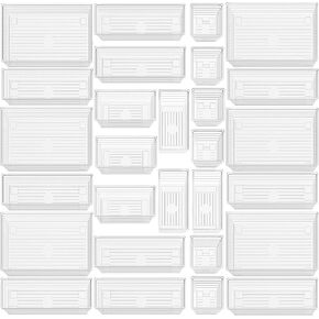 DCA 28 PCS Clear Plastic Drawer Organizer Set, 4-Size Versatile Bathroom and Vanity Drawer Organizer Trays, Storage Bins for Makeup, Jewelries, Kitchen Utensils and Office