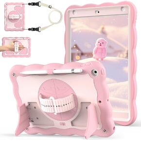Case for iPad 9th Generation Case / 8th Gen / 7th Gen 10.2 Inch 2021 2020 2019, Heavy Duty Shockproof Protective Cover with Pencil Holder [360° Rotate Strap] & Stand for Kids, Pink