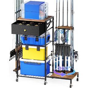 Fishing Rod Holders for Garage, 360°Rotating Fishing Pole Holders, Fishing Rod Rack Cart Holds Up to 12 Rods, Fishing Rod Storage Stand Equipment Organizerfor Men (Black)