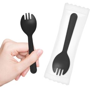 Mini Plastic Sporks Disposable Individually Wrappe, Black Forks and Spoons 2 in 1 Small Utensils 4.3" 100 PCS