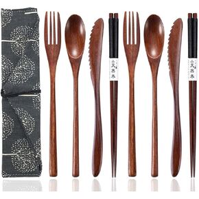Reusable Wooden Utensils for Eating 8 Pcs Travel Wooden Spoons Forks Chopsticks Cutlery Set with Case Lunch Utensils Silverware Set for Lunch Portable Wood Flatware Set for Eating