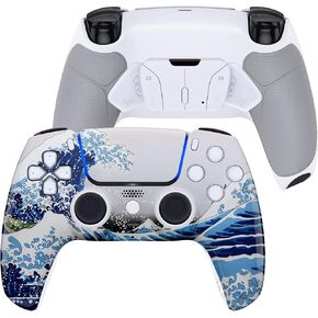 eXtremeRate Luna Redesigned The Great Wave Front Shell Touchpad Compatible with ps5 Controller BDM-010 BDM-020 BDM-030, Rubberized Grip 4 Back Buttons RISE4 Remap Kit for PS5 Controller BDM 010 & 020
