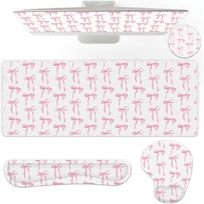 4 Pcs Pink Bow Mouse Pad Set Coquette Cute Desk Pad + Mouse Pad with Wrist Rest + Keyboard Wrist Rest + Coaster Ergonomic Design for Office Table Computer(Classic Style)