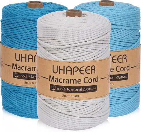 220Yards x 3mm Macrame Cord Cotton Cord, Natural Cotton 4-ply 3 Colored Macrame String, Beige White and Grey Black Cotton Rope for Crafts Macrame Rope for DIY Plant Hangers Wall Hanging Decor in Saudi Arabia