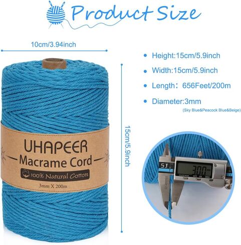 220Yards x 3mm Macrame Cord Cotton Cord, Natural Cotton 4-ply 3 Colored Macrame String, Beige White and Grey Black Cotton Rope for Crafts Macrame Rope for DIY Plant Hangers Wall Hanging Decor in Saudi Arabia