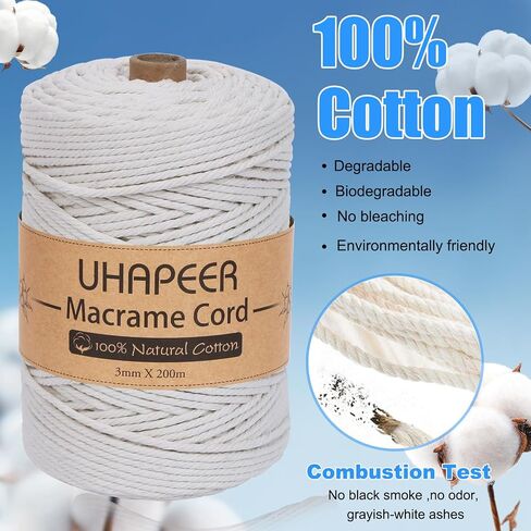 220Yards x 3mm Macrame Cord Cotton Cord, Natural Cotton 4-ply 3 Colored Macrame String, Beige White and Grey Black Cotton Rope for Crafts Macrame Rope for DIY Plant Hangers Wall Hanging Decor in Saudi Arabia