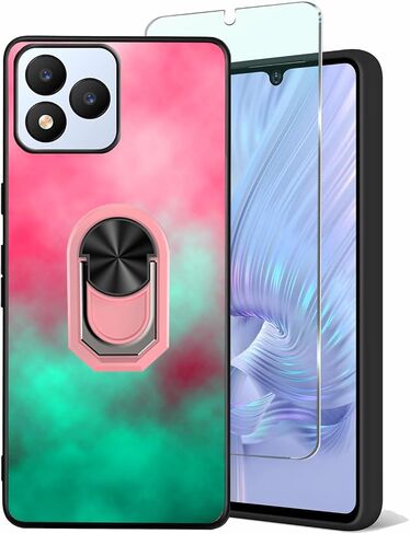 9H Vortex Cellular J24 Tempered Glass Screen Protector for Vortex J24 Case Soft | Pink-Mint Gradient Watercolor Painting [Rotatable Finger Grip Ring Holder Kickstand] [Car Magnetic] for Girls in Saudi Arabia