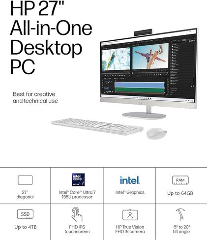HP 27-inch All-in-One Desktop PC - Microsoft Office Lifetime • Intel Ultra 7-155U • FHD Touchscreen Display • Windows 11 Pro • Wired KB&Mouse • Business AIO for Everyday Use (64GB RAM, 2TB SSD) in Saudi Arabia