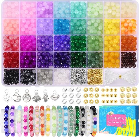 Funtopia 1436pcs 6mm Glass Beads for Bracelets, 34 Colors Crystal Beads for Jewelry Making, Round Glass Beads for DIY Earrings Necklace Crafts with Spacer Beads and Charms, Solid and Gradient Colors in Saudi Arabia