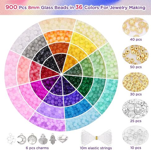 Funtopia 1436pcs 6mm Glass Beads for Bracelets, 34 Colors Crystal Beads for Jewelry Making, Round Glass Beads for DIY Earrings Necklace Crafts with Spacer Beads and Charms, Solid and Gradient Colors in Saudi Arabia