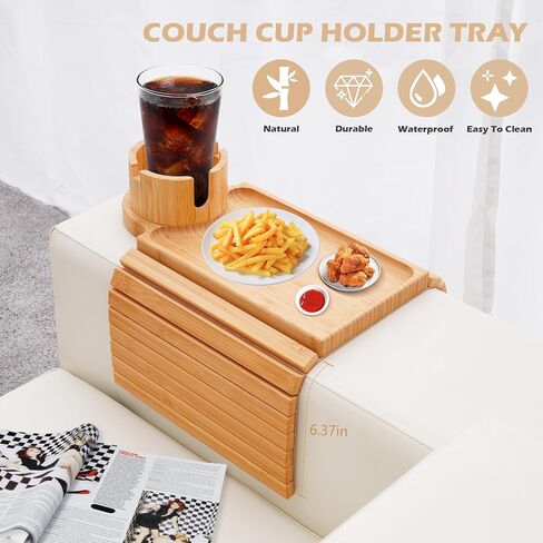 BAMTRAY Couch Cup Holder Tray, 3 in 1 Couch Arm Table,Large 18.99" x 12.99" Bamboo Sofa Clip on Tray Table with 360° Cup Holder for Couch,Anti-Slip Organizer for Snack Drink in Saudi Arabia