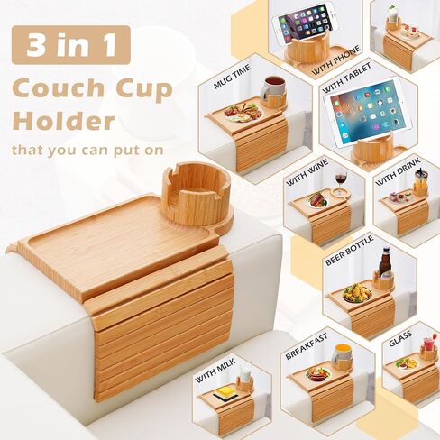 BAMTRAY Couch Cup Holder Tray, 3 in 1 Couch Arm Table,Large 18.99" x 12.99" Bamboo Sofa Clip on Tray Table with 360° Cup Holder for Couch,Anti-Slip Organizer for Snack Drink in Saudi Arabia