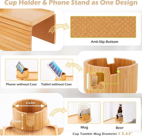 BAMTRAY Couch Cup Holder Tray, 3 in 1 Couch Arm Table,Large 18.99" x 12.99" Bamboo Sofa Clip on Tray Table with 360° Cup Holder for Couch,Anti-Slip Organizer for Snack Drink in Saudi Arabia