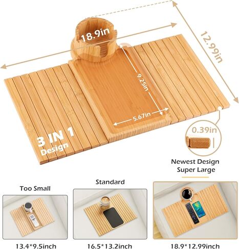 BAMTRAY Couch Cup Holder Tray, 3 in 1 Couch Arm Table,Large 18.99" x 12.99" Bamboo Sofa Clip on Tray Table with 360° Cup Holder for Couch,Anti-Slip Organizer for Snack Drink in Saudi Arabia