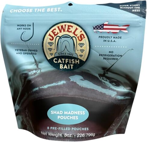 Jewels Catfish Bait -Shrimp Mania/Shad Madness Pouches - 8 Pre-Filled Bait Pouches per Bag - Approx 2" W x 2.5" L for Catfish Bait - Perfect for Rod&Reel, Jugs, & Trotlines in Saudi Arabia
