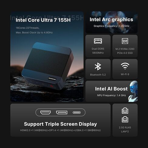 M3 Mini PC Intel Ultra 7 155H Windows 11 Pro 64GB DDR5(Dual 32GB x2) 2TB NVMe M.2 2280 SSD, Intel Arc Graphics 2.25GHz, Thunderbolt 4 8K 60HZ, Dual 2.5GbE LAN, WiFi 6E, BT 5.2 in Kuwait
