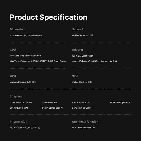 M3 Mini PC Intel Ultra 7 155H Windows 11 Pro 64GB DDR5(Dual 32GB x2) 2TB NVMe M.2 2280 SSD, Intel Arc Graphics 2.25GHz, Thunderbolt 4 8K 60HZ, Dual 2.5GbE LAN, WiFi 6E, BT 5.2 in Kuwait