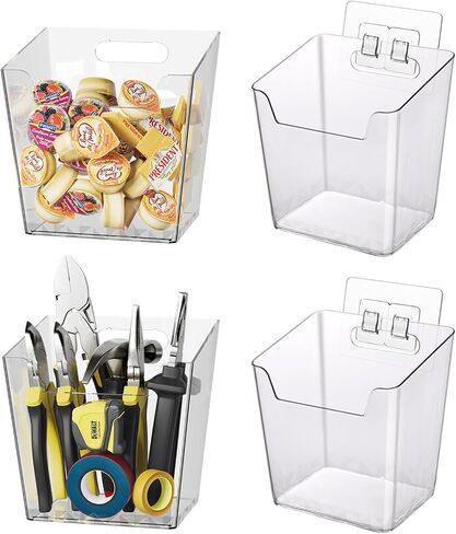 Clear Adhesive Wall Storage Bins, Small 4 Pack Cabinet Door Organizer Holders, Hanging Wall Mount Pockets, Plastic Cups for Shower Bathroom Makeup Office Craft Remote Kitchen Sink RV Organization in Saudi Arabia