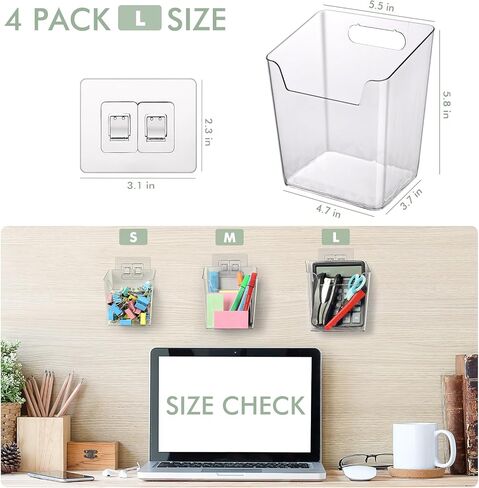 Clear Adhesive Wall Storage Bins, Small 4 Pack Cabinet Door Organizer Holders, Hanging Wall Mount Pockets, Plastic Cups for Shower Bathroom Makeup Office Craft Remote Kitchen Sink RV Organization in Saudi Arabia