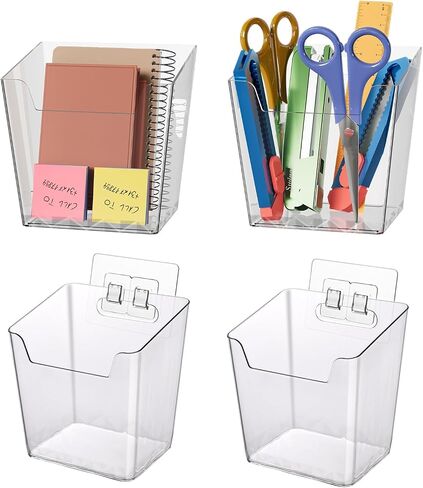 Clear Adhesive Wall Storage Bins, Small 4 Pack Cabinet Door Organizer Holders, Hanging Wall Mount Pockets, Plastic Cups for Shower Bathroom Makeup Office Craft Remote Kitchen Sink RV Organization in Saudi Arabia