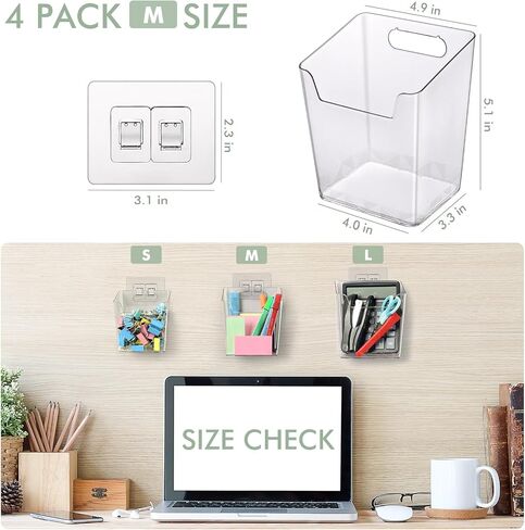 Clear Adhesive Wall Storage Bins, Small 4 Pack Cabinet Door Organizer Holders, Hanging Wall Mount Pockets, Plastic Cups for Shower Bathroom Makeup Office Craft Remote Kitchen Sink RV Organization in Saudi Arabia
