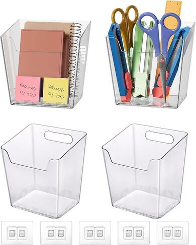 Clear Adhesive Wall Storage Bins, Small 4 Pack Cabinet Door Organizer Holders, Hanging Wall Mount Pockets, Plastic Cups for Shower Bathroom Makeup Office Craft Remote Kitchen Sink RV Organization in Saudi Arabia