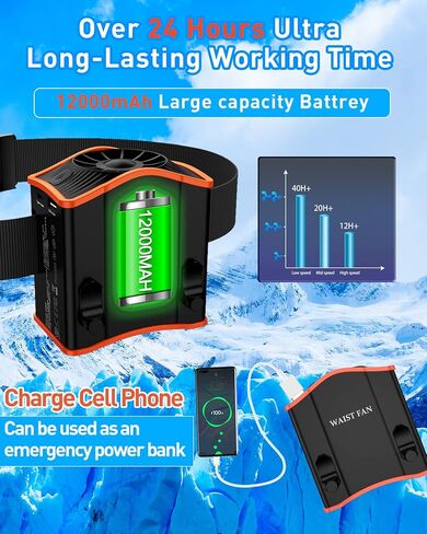 Upgraded Portable Waist Fan with Adjustable Belt,10 Times Strong Wind Waist Clip Fan with 12000mAh Battery Over 40H Working Time, Belt Fan for Outdoor Works,Camping,Travel,Fishing in Saudi Arabia