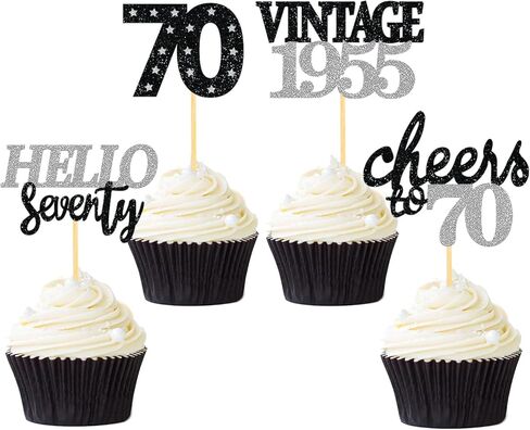 24 PCS GLITTER 70th عيد ميلاد كب كيك أعلى للاحتفال بزخارف حفلة عيد ميلاد 70 لسبعين عاما لوازم حفلة عيد ميلاد (الذهب) in Kuwait