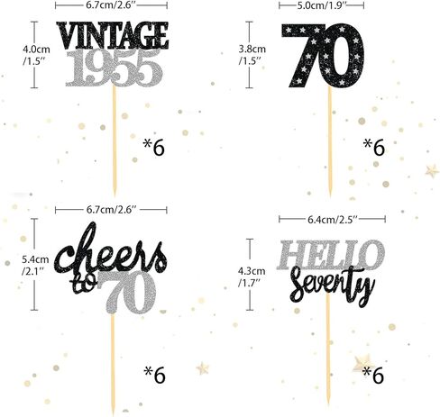 24 PCS GLITTER 70th عيد ميلاد كب كيك أعلى للاحتفال بزخارف حفلة عيد ميلاد 70 لسبعين عاما لوازم حفلة عيد ميلاد (الذهب) in Kuwait