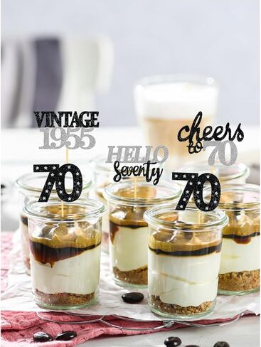 24 PCS GLITTER 70th عيد ميلاد كب كيك أعلى للاحتفال بزخارف حفلة عيد ميلاد 70 لسبعين عاما لوازم حفلة عيد ميلاد (الذهب) in Kuwait