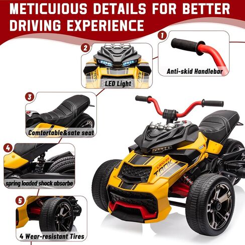 12V 3 Wheeler Ride على دراجة نارية كهربائية ATV ، مركبة كهربائية تعمل بالبطارية مع مصابيح LED ، وسرعة عالية ومنخفضة ، والقرن ، والموسيقى ، والاستر in Kuwait