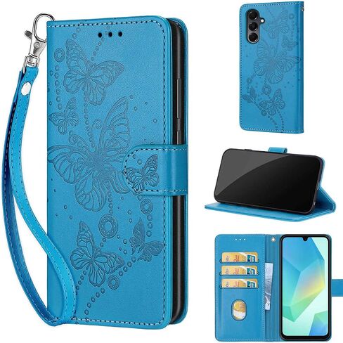 مصممة لمحفظة Samsung Galaxy A16 5G Case ، تغطى النساء بالورقة مع حزام بطاقة ائتمان من جلد الائتمان من أجل Samsung Galaxy A16 (الفراشة الزرقاء) in Kuwait