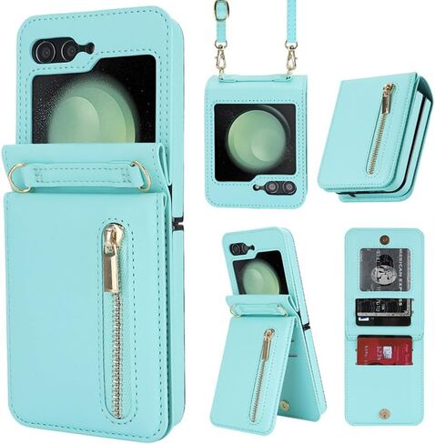Pu Leather Case for Samsung Galaxy Z Flip 6,Zipper Case,Multifunctional Kickstand, Card Holder,Adjustable Shoulder Strap Flip Case Cover for Samsung Galaxy Z Flip 6 (Blue) in Saudi Arabia