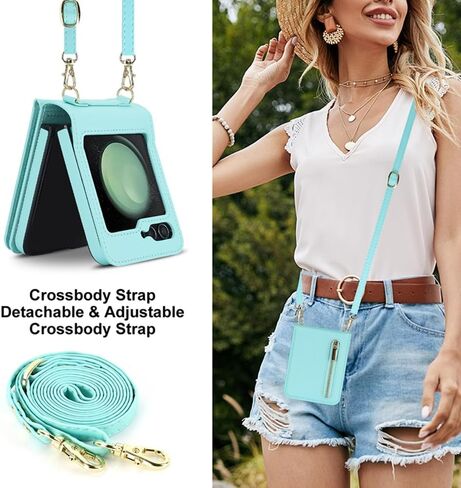 Pu Leather Case for Samsung Galaxy Z Flip 6,Zipper Case,Multifunctional Kickstand, Card Holder,Adjustable Shoulder Strap Flip Case Cover for Samsung Galaxy Z Flip 6 (Blue) in Saudi Arabia