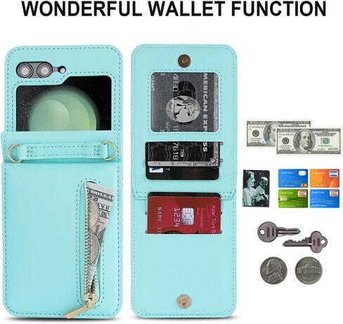 Pu Leather Case for Samsung Galaxy Z Flip 6,Zipper Case,Multifunctional Kickstand, Card Holder,Adjustable Shoulder Strap Flip Case Cover for Samsung Galaxy Z Flip 6 (Blue) in Saudi Arabia