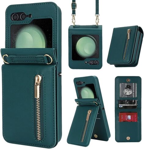 Pu Leather Case for Samsung Galaxy Z Flip 6,Zipper Case,Multifunctional Kickstand, Card Holder,Adjustable Shoulder Strap Flip Case Cover for Samsung Galaxy Z Flip 6 (Blue) in Saudi Arabia