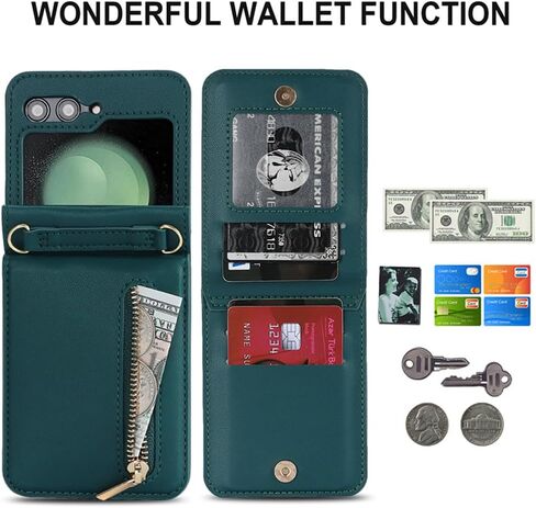 Pu Leather Case for Samsung Galaxy Z Flip 6,Zipper Case,Multifunctional Kickstand, Card Holder,Adjustable Shoulder Strap Flip Case Cover for Samsung Galaxy Z Flip 6 (Blue) in Saudi Arabia