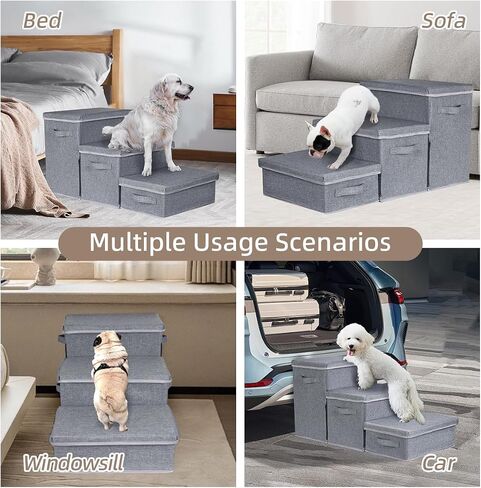 Dog Stairs with Storage, 4-Step Folding Pet Steps for Small Dogs and Cats, Pet Steps Storage with Zip, Pet Stairs for High Bed, Couch and Car Ramp (Beige, 4 Steps no Condo) in Saudi Arabia