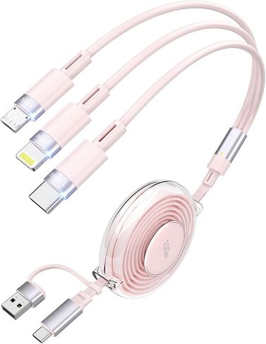 كابل شحن 100W 5-in-1 قابل للسحب ، Lightning/Micro USB/Type C سلك الشاحن متعدد الشاحن لأجهزة iPhone و iPads و Macbook و Macbook و Galaxy و Note & Moth in Kuwait