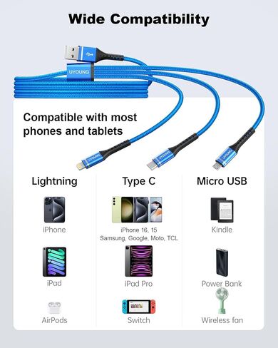 Multi Charging Cable 2Pack 6FT, 3 in 1 Charger Cable Braided Universal Phone Charging Cord with Lightning/Type C/Micro USB Ends, Multiple USB Cable for iPhone 16 15/Samsung/Google Cell Phones and More in Kuwait