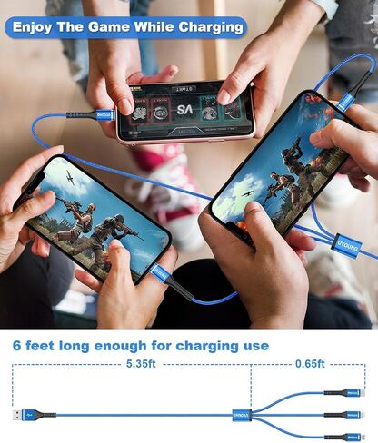 Multi Charging Cable 2Pack 6FT, 3 in 1 Charger Cable Braided Universal Phone Charging Cord with Lightning/Type C/Micro USB Ends, Multiple USB Cable for iPhone 16 15/Samsung/Google Cell Phones and More in Kuwait