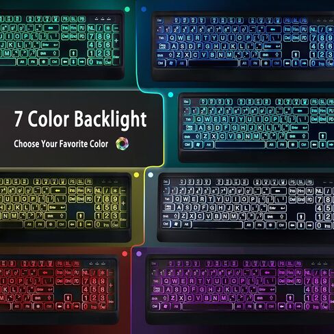 Large Print Backlit Keyboard, Wired Lighted Computer Keyboards with 7-Color Backlight, Light Up Oversize Letter Keys, Foldable Stands, USB Quiet Keyboard for PC, Windows, Laptop (Colorful Backlit) in Saudi Arabia
